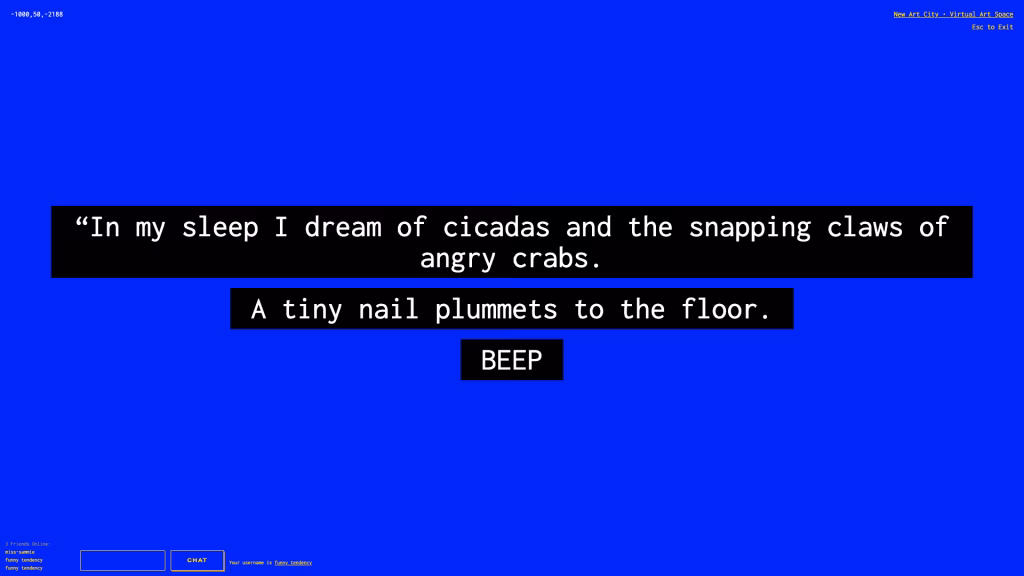 Video still description: a blue background with black caption blocks and white text describing the sounds played on your speaker. Text on the film still "In my sleep I dream of cicadas and the snapping claws of angry crabs. A tiny nail plummets on the floor. BEEP."