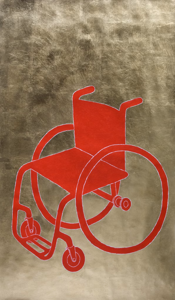 A 70"x42" vertical painting of the artist's red wheelchair. Painted life-sized in three-quarter view with a 24k gold leaf background.