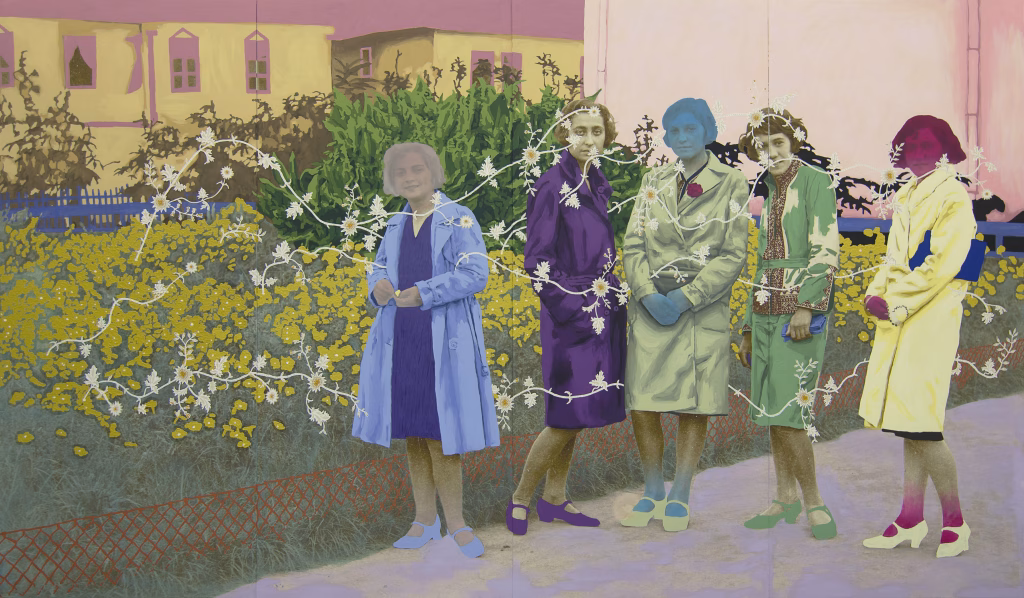 A group of 5 women standing together outside on a path next to a flowering garden. They all have short bob haircuts and are wearing overcoats and high heels. The artist has painted over parts of the image, accentuating the colors of their coats and shoes. Bright washes of color in blue, pink, and rosey beige appear over the faces and extremities of some of the women. White vines with flowers emerge from the yellow clusters of wildflowers on left, passing through and encircling the women.